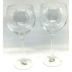 Wine Water Glasses Goblets Elements Etched Leaves Stem Pair 2 Elegant Simple